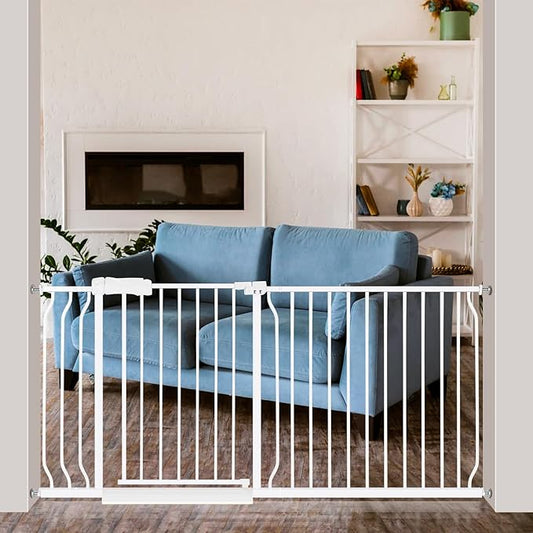 Extra Wide Baby Gate 57.5-66.9 Pressure Mounted,Child Dog Pet Safety Gates with Walk Through Door for Doorways Stairs No Drilling in Door,White