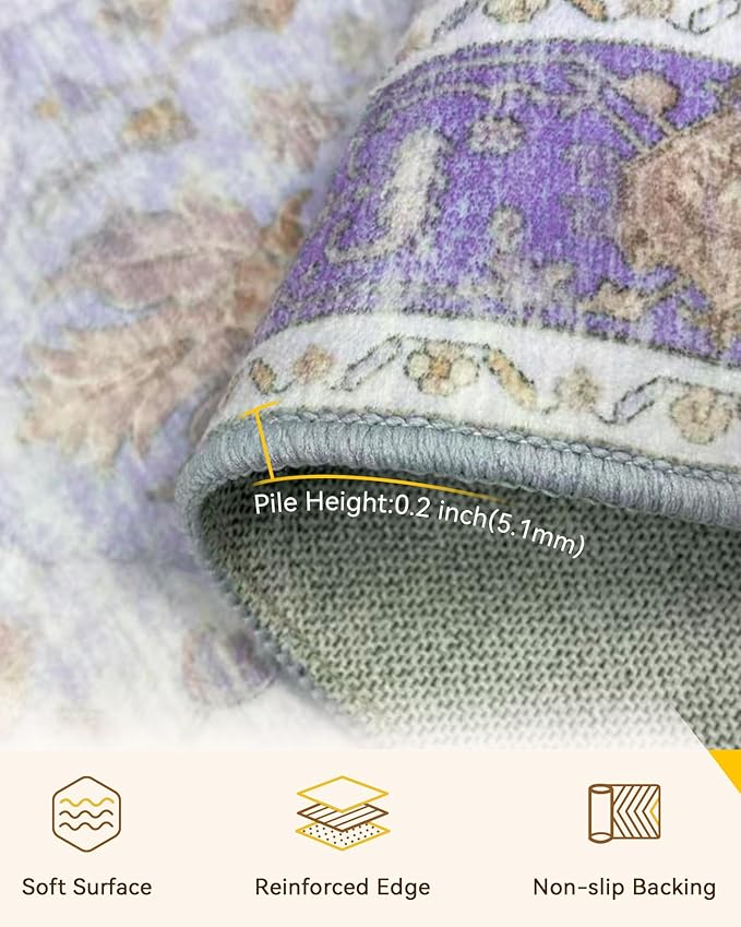 RELEANY Area Rugs Large 9'x12' Washable Non-Slip, Floral Vintage Distress Medallion Carpet for Living Room Bedroom Dining Room, Light Purple Brown