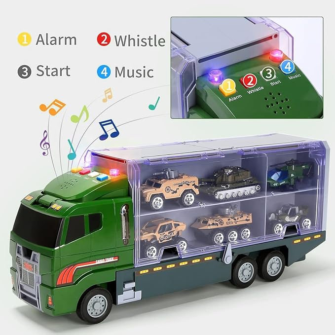 28 in 1 Army Toy Trucks with Sound and Light, Push and Go Military Car Carrier with 16 Soldiers, Gift for Boys, Toddlers, and Kids Ages 3+