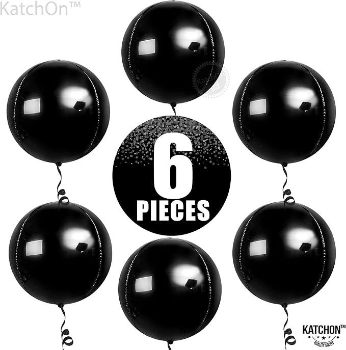 KatchOn, Large Black Mylar Balloons - 22 Inch, Pack of 6 | Round 4D Mylar Balloon for Birthday, Bachelorette Decorations | Black Birthday Party Decorations
