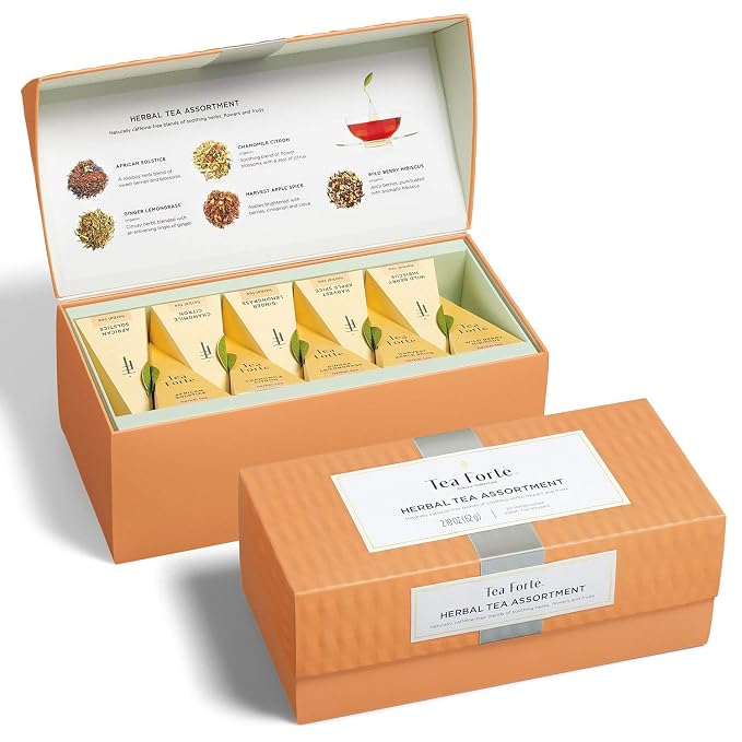 Tea Forte Premium Presentation Box Gift Set Sampler, 20 Count, Assorted Blends Individually Wrapped Handcrafted Pyramid Infuser Bags, Herbal Tea