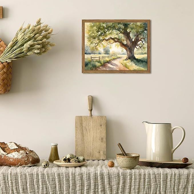 Framed Vintage Tree Landscape Wall Art, Watercolor Country Road Nature Wall Decor Paintings, Rustic Countryside Pictures Canvas Prints Aesthetic Home Decor for Living Room Bedroom Bathroom 16x24 inch