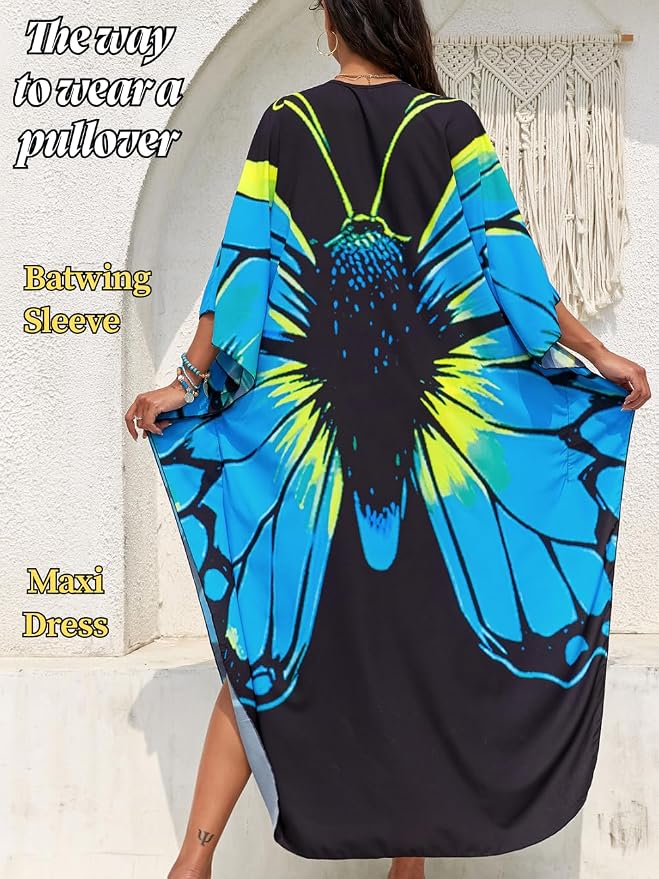 ChiaoLezhee Print Moo-Moos for Women, Kaftan Cover-Up Dresses, Sexy V-Neck High-Slit, Beach Pool-Party Coverups Muumuu Plus