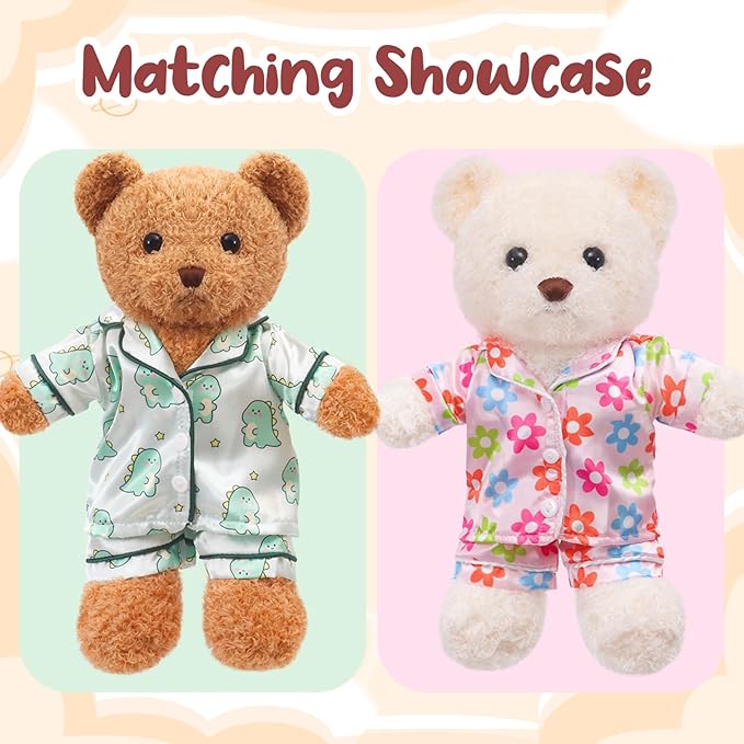 2 Sets Bear Clothes Stuffed Animal Accessories Pink and Blue Bear Clothes Double Layer Muslin Short Sleeve Top and Bottom Fits Most 14-18 Inch
