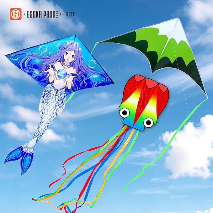 Kites for Adults & Kids Ages 4-8,Beach Kites Easy to Fly for Beginner, with Handle and 328ft Kite String，Best Toy and Gift for Boys & Girls. (Forest+Octopus+Celadon Mermaid, 3)