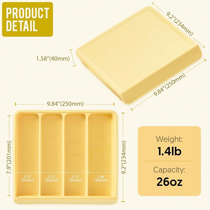 Silicone Baby Food Storage Container with Lid - 26oz 4 Compartment Stackable Meal Prep for Baby Food, Puree, Snacks, Kimbap & Sushi - Airtight, Microwave & Dishwasher Safe, Made in Korea, Yellow