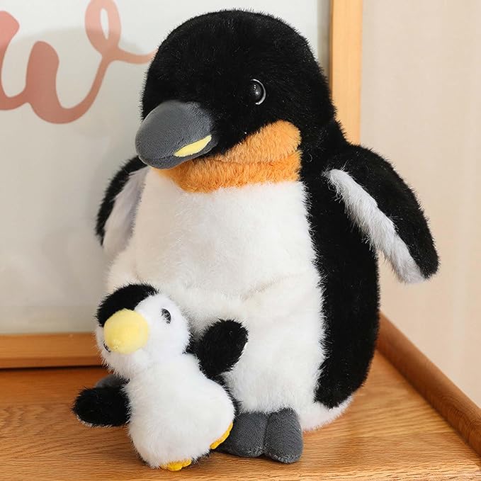 Plush Mum Penguin with Baby Stuffed Toys Prentend Play Animals Dolls Gifts for Kids 10Inches