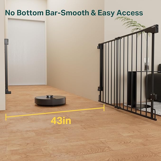 Cumbor 29.2–43" Baby Gate for Stairs, Hardware Mounted (Drill Required), Expandable No Bottom Bar Dog Gate, Auto Close Extra Wide Walk Thru, Pet & Toddler Proof Gate, Top & Bottom of Stairways(Black)