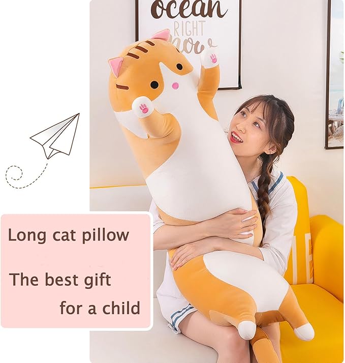 Long Cat Plush Pillow Soft Cat Hugging Pillow Stuffed Animal Pillow Cute Kitty Sleeping Throw Pillow Gift for Kids(150cm/59.05inch,Yellow