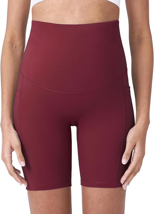 POSHDIVAH Women's Maternity Yoga Shorts Over The Belly Bump Summer Workout Running Active Short Pants with Pockets 5"/8"