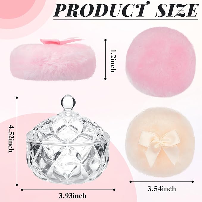 Tioncy 3 Pcs Large Body Powder Puff and Container Valentine's Day gift Powder Container with Puff Crystal Case Soft Washable Reusable Velour Face Body Glitter Wet Dry Makeup(Cute,Clear)