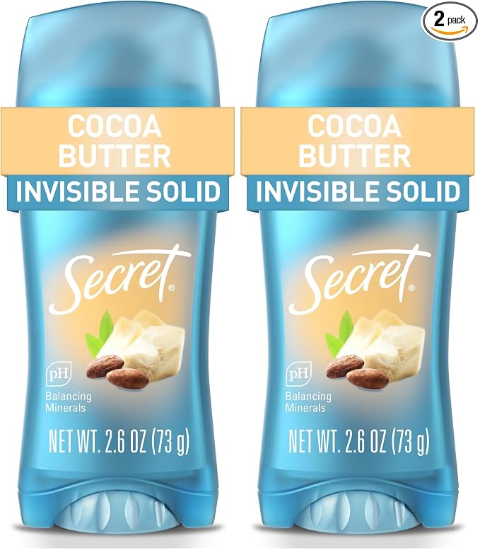 Secret Fresh Antiperspirant Deodorant for Women,72hr Breathable Sweat & Odor Protection,Instant Freshness & Gentle,PH Balancing Minerals,Invisible Solid,Cocoa Butter Scent,2.6 oz,(Pack of 2)