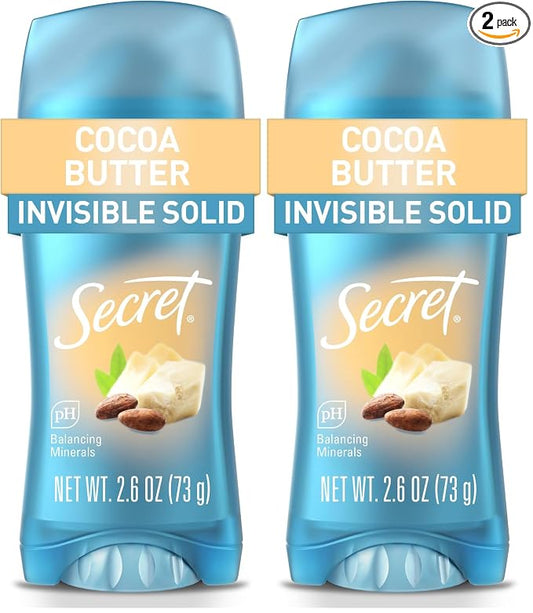 Secret Fresh Antiperspirant Deodorant for Women,72hr Breathable Sweat & Odor Protection,Instant Freshness & Gentle,PH Balancing Minerals,Invisible Solid,Cocoa Butter Scent,2.6 oz,(Pack of 2)
