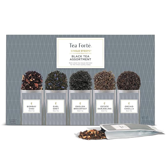 Tea Forte Single Steeps Loose Leaf Tea Sampler, Assorted Variety Tea Box, 15 Single Serve Pouches, Black Tea