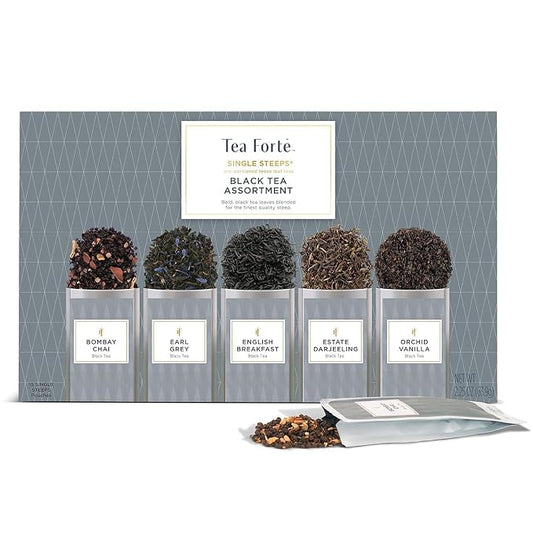 Tea Forte Single Steeps Loose Leaf Tea Sampler, Assorted Variety Tea Box, 15 Single Serve Pouches, Black Tea