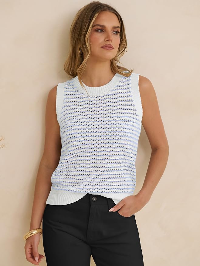 ANRABESS Womens Sleeveless Sweater Vest Striped Tank Tops | Crochet Knit Crew Neck, Lightweight Soft Comfy, Vacation Travel Work Casual Outfits, Sping Summer Layering Clothes