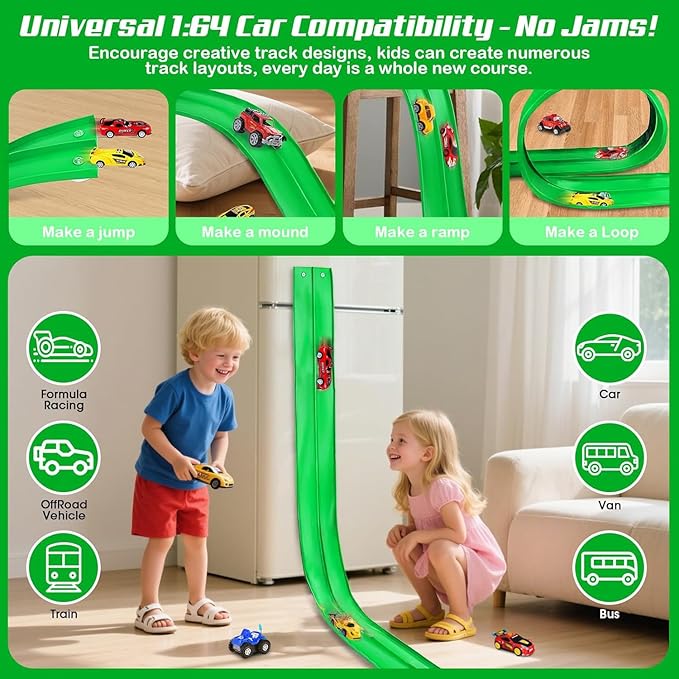 for Hot Wheels Race Car Flexible Track for Kids Toy,Diecast 1/64th Kids Toy Cars Flex Track Ramp 15Ft Starter Set Long Rolls Up Portable Flexible DIY Racetrack with Suction Cups for Boy Girl Age 3+