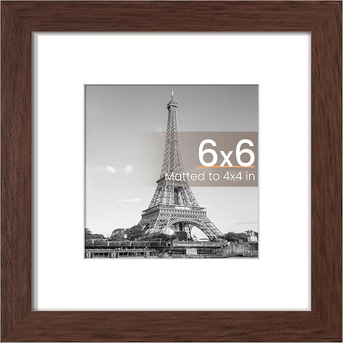 upsimples 6x6 Picture Frame, Display Pictures 4x4 with Mat or 6 x 6 Without, Wall Hanging Square Frames, Brown, 1 Pack