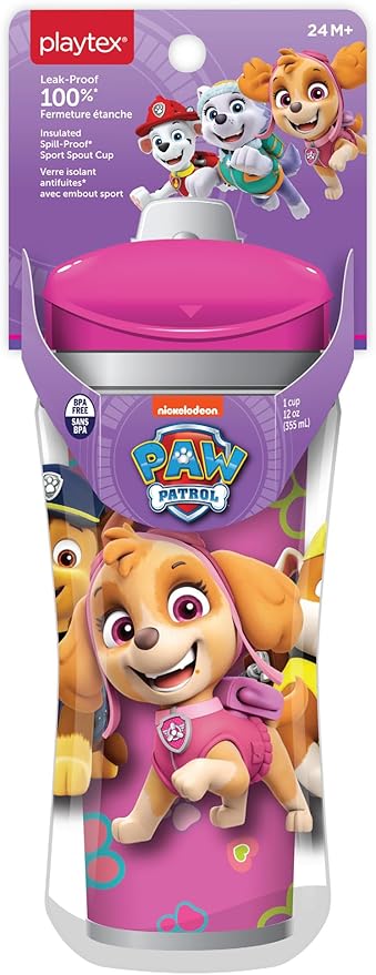 Playtex Baby Sipsters Sport Spout PAW Patrol Sippy Cup for 24+ Months, 12 Ounce, Pink Skye Design, Insulated Toddler Water Bottle for Kids, Spill-Proof Cups for Toddlers 1-3, Stage 4
