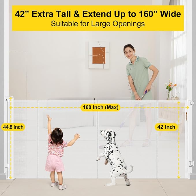 Reinforced 42” Tall x 160” Extra Wide Retractable Baby Gates with Support Rods, Extra Tall Baby Gate for Wide Openings, Pet Gates for Dogs Extra Wide Dog Gates for Doorways Indoor Outdoor, White
