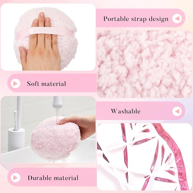 Tioncy 2 Pcs Extra Large Dusting Powder Puff and Container for Women-6'' Glass Crystal Dusting Powder Container with Body Soft Washable Reusable Velour Face(Pink,Pumpkin)