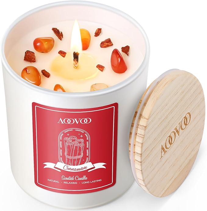 AOOVOO Apple Cinnamon Scented Candles for Women - Aromatherapy Candle with Crystals Inside, 10oz Soy Candles for Home Scented, Birthday Gifts Christmas Candle for Mom Women