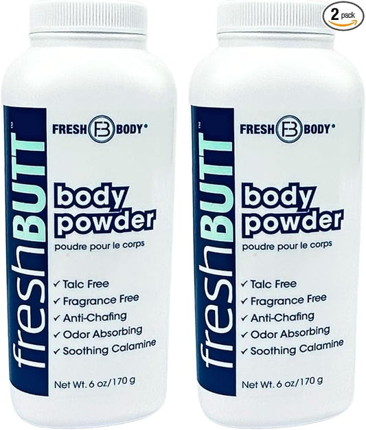Fresh Butt Body Powder for Men and Women - Unscented Deodorant Powder, Anti-Chafing, Talc-Free, 6oz (Pack of 2)