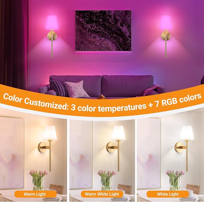 Nekhung Battery Operated Wall Sconce, Peel and Stick Sconces Set of 2 | Wireless Adhesive Stick On Wall Sconce, 10000mAh Rechargeable RGB Bulb with Remote, No Drill Wall Light for Bedroom Decor