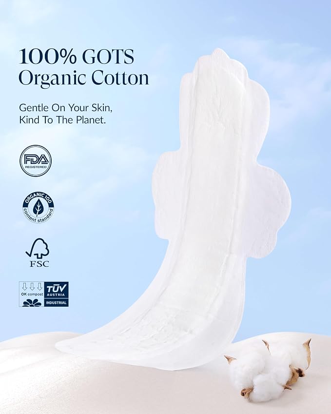 RPE Life 100% GOTS Organic Cotton Overnight Pads, Size 5, 36 Count | Size 5 overnight pads with wings; high-capacity absorbency, stay-fresh comfort, and maximum coverage for sensitive skin.