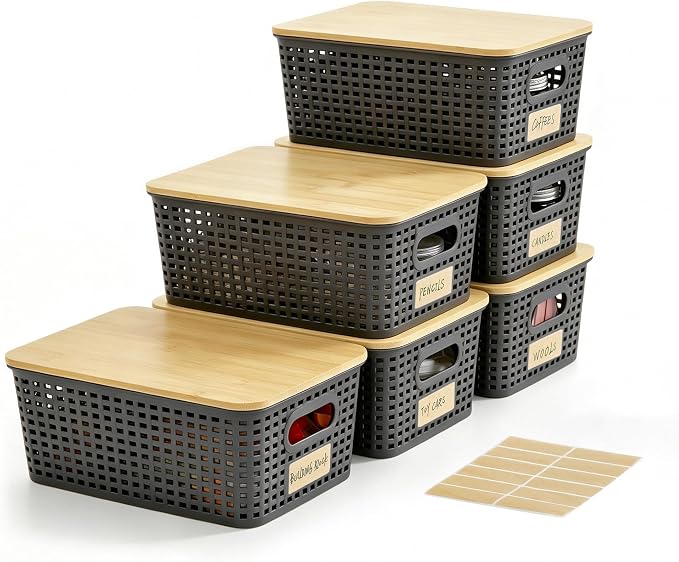 Small Plastic Storage Bins with Bamboo Lids 5.2qt Stackable Box Basket Pantry Decorative Containers Cute with Lable for Organizing Desktop Closet Office Gray of 6 packs 10 * 7.2 * 4.1"