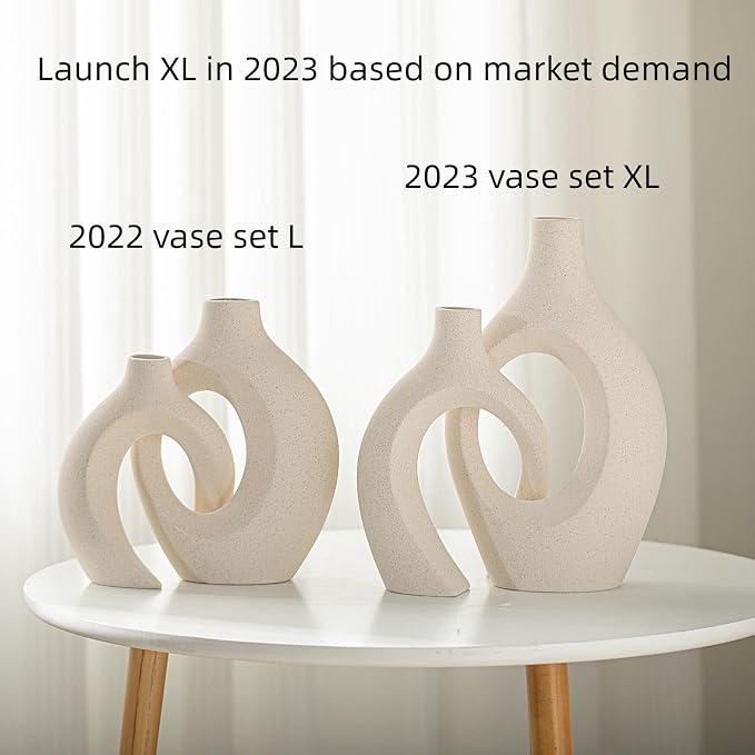 Lvases Snuggle Hollow Ceramic Vase Set of 2, Boho Style Nordic Modern Vase | Round Mid Century Aesthetic Decorative Vase for Home Decor Living Room Kitchen Book Shelf Decorations (Cream W 6.8" X H 11")