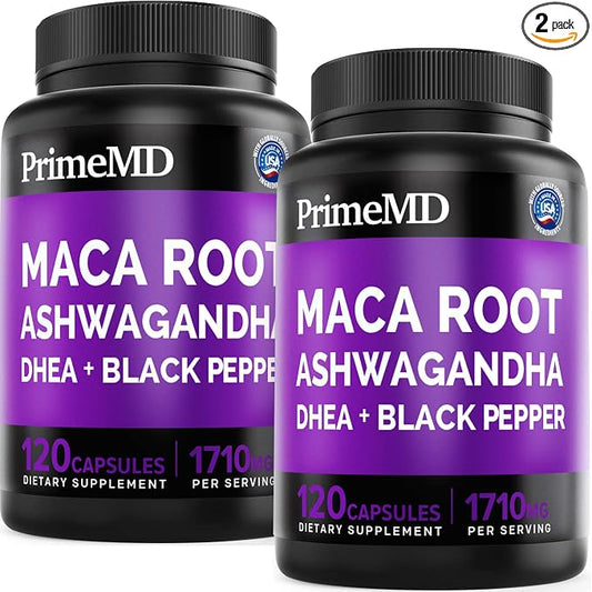 6-in-1 Organic Maca Root Ashwagandha Capsules 1710mg with DHEA and Black Pepper Fruit Extract for Women and Men - Black Maca Supplement for Stamina, Bone and Mood Support Supplement, 120ct (Pack of 2)