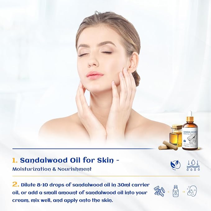 HIQILI Sandalwood Essential Oils 1 Fl Oz, for Skin, Diffuser, Perfume, Candle Soap Making, Includes Premium Quality Glass Dropper | Versatile for Perfume, Hair Care & Room, Soothes Mind, Moisturizes, Deodorizes Laundry - 30mL / 1.01 fl.oz