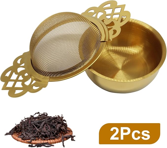 2 Pcs Tea Strainer Bowl, Stainless Steel Loose Leaf Tea Filter for Easy Brewing and Cleaning, Design Fits Most Standard Cups (Gold)