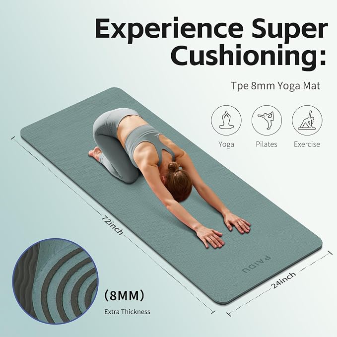 PAIDU Yoga Mat 8mm Super Thick TPE Fitness Mat | SGS Certified | Non-Slip, Odorless & Tear-Resistant | Unisex with Strap | for Yoga, Pilates, Meditation & Home Workouts