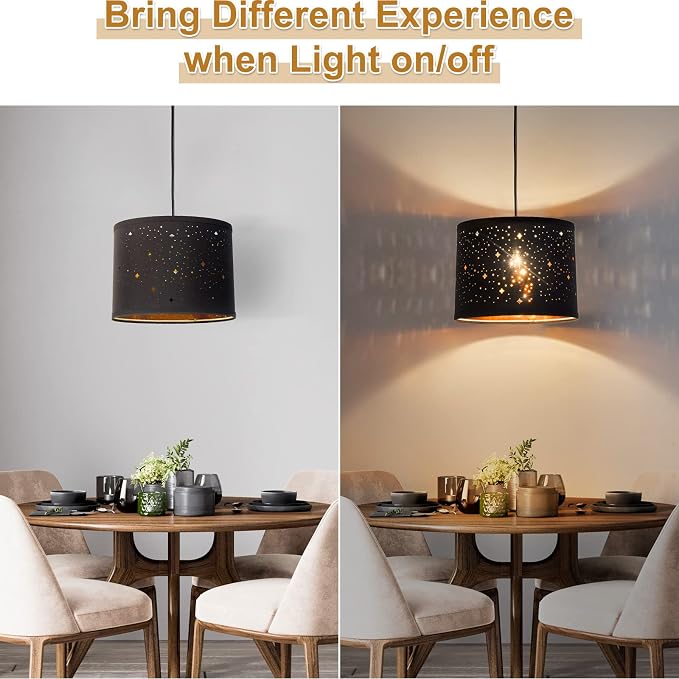 Black Drum Lampshades Set of 2 with Sky Stars Design, 11.6" x 12.6" x 9.8" | Fabric Lamp Shades for Table Lamps, Floor Lamps, Modern Lampshade for Bedroom, Spider, Harp Holders Included, Easy Assembly