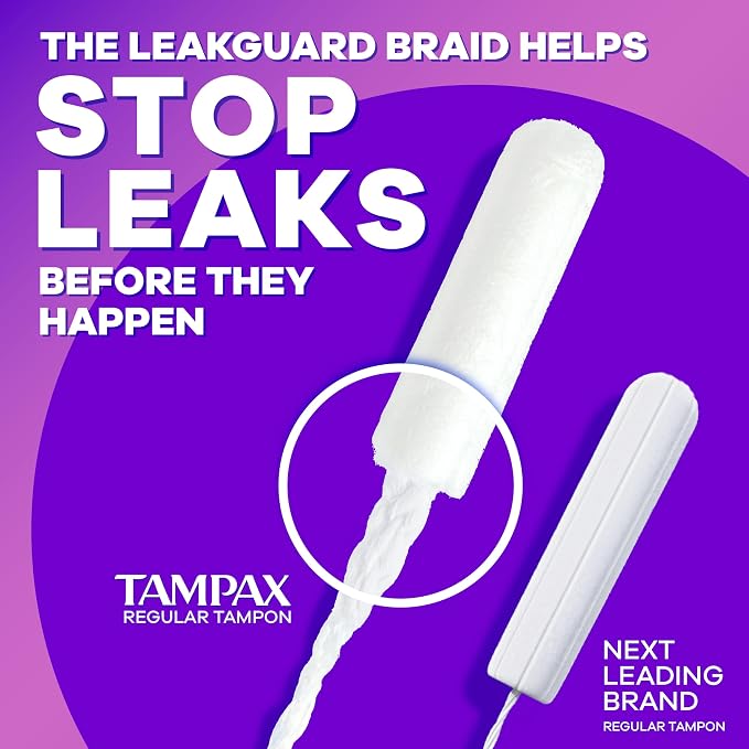 Tampax Radiant Tampons for Women,with LeakGuard Braid,Regular Absorbency,Unscented,84 Count (Pack of 2)