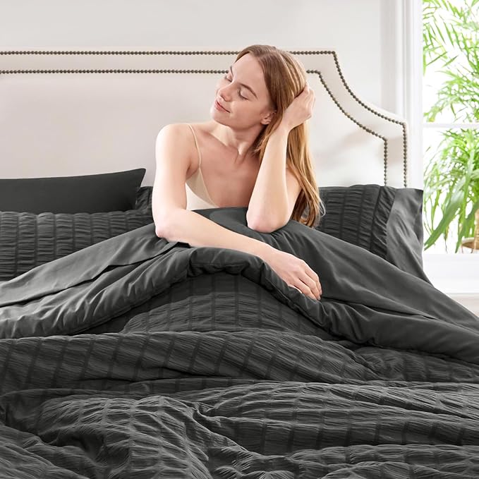 CozyLux Oversized Queen Comforter Set Dark Grey Seersucker 7 Pieces 98x98 Bed in a Bag Comforter Set with Sheets, Luxury Bedding Sets Down Alternative Comforter, Sheets, Pillowcases & Shams, Dark Gray