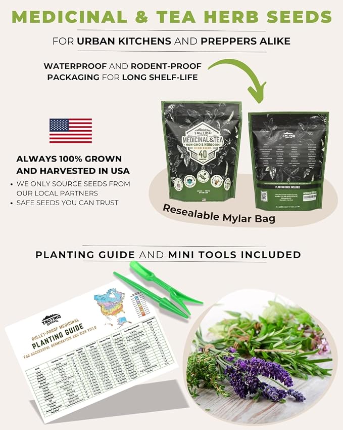 Tactiko Survival 40 Medicinal & Tea Herb Seeds Variety Pack, Indoor & Outdoor Herbal Garden Kit, USA Grown Heirloom Non-GMO, Herbal Seeds for Teas, Resealable Mylar Bag for Long-Term Storage