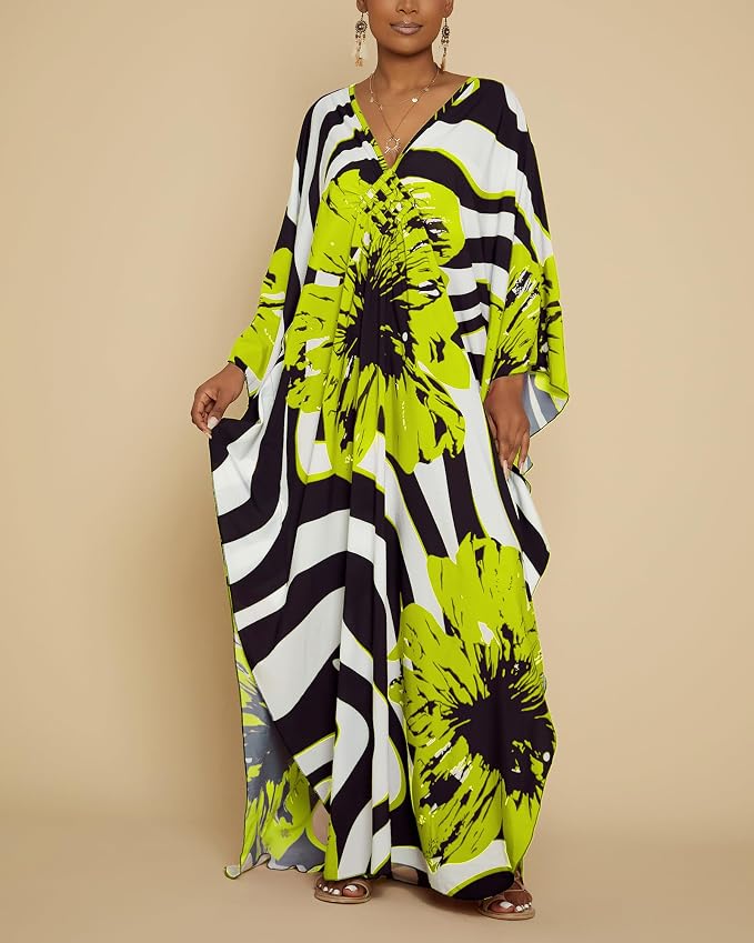 Bsubseach Kaftan Dresses for Women Floral Print Plus Size Beach Cover Up | Lightweight V Neck Loose Fit Boho Dress, Batwing Sleeve Side Slit, Moo Moos for Women Home Loungwear Cruise Resort Wear