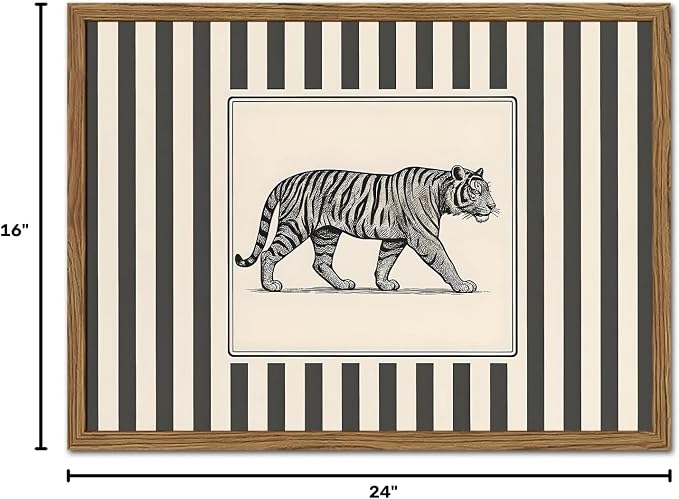 Vintage Tiger Wall Art Wildlife Wall Decor Pictures Black and White Stripe Jungle Animal Poster Canvas Painting Print for Bedroom Living Room Bathroom 16x24 inch Wood Framed