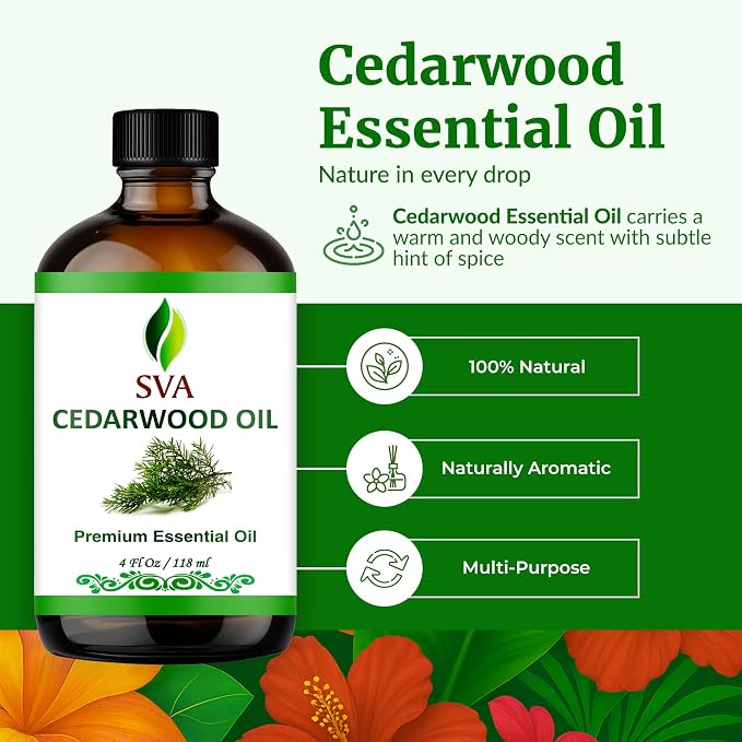SVA Cedarwood Essential Oil 4 Fl Oz – for Diffuser, Skin & Hair Care – Ideal for Massage & DIY Blends - with Dropper