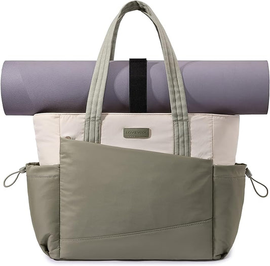 LOVEVOOK Gym Tote Bag for Women, Puffy Yoga Mat Bag with Large Cup Holder & Wet Pocket, Work Nurse Bag for Travel Workout