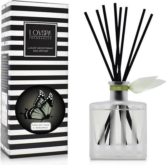 Reed Diffuser Set, English Pear & Bergamot Scented Oil Diffuser with Sticks, Home Fragrance Accessories for Bathroom Shelf Decor, Aroma Diffusers for Home or Office Desk, USA Made