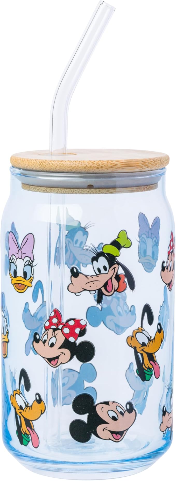 Silver Buffalo Mickey and Friends Pattern Glass Tumbler with Bamboo Lid and Glass Straw Featuring Minnie Mouse, Pluto, Goofy, Daisy Duck, Donald Duck, and Mickey Mouse, 16 Ounces