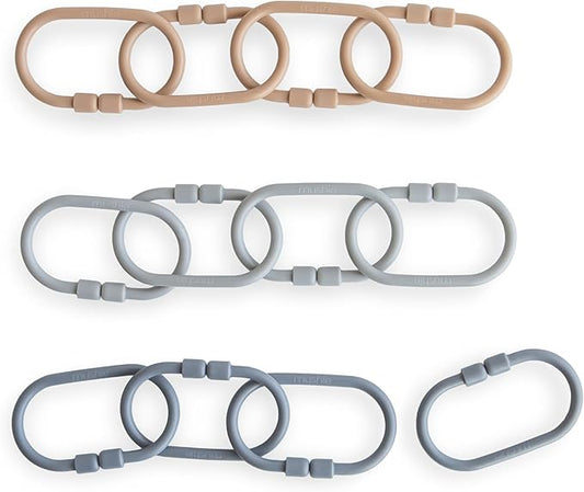 mushie Baby Chain Link Rings Toy 12 Count | Multiuse Car Seat Stroller Connecting Toy (Natural, Stone, Tradewinds)