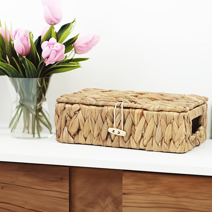 Water Hyacinth Wicker Storage Basket with Lid, X-Small | 9 x 5.1 x 3 Inch Box, Shelf Organizer, Rectangular Woven Bin, Small Item Storage, Natural Home Decor