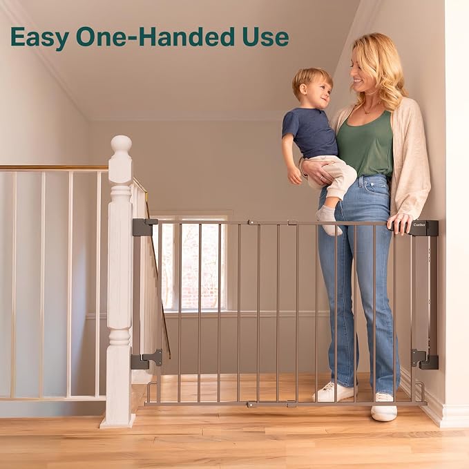 Cumbor 29.2–43" Baby Gate for Stairs, Hardware Mounted (Drill Required), Expandable No Bottom Bar Dog Gate, Auto Close Extra Wide Walk Thru, Pet & Toddler Proof Gate, Top & Bottom of Stairways (Brown)