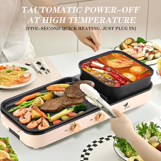 2026 Electric Hot Pot with Grill,2-10 People Indoor Hot Pot 2 in 1 Multi-function Smokeless Shabu-Shabu Hotpot Korean BBQ Grill for Simmer,Separate Dual Temperature Contral