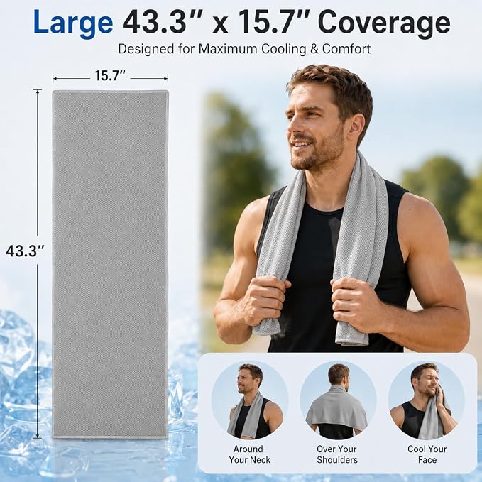Cooling Towel for Neck and Face - 43.3" x 15.7" - Quick-Dry Microfiber - Ideal for Hot Weather, Gym, Fitness, Camping, Yoga - Light-Gray